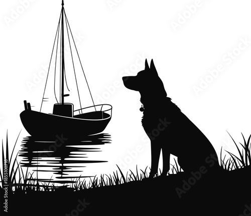 Faithful Dog Watching Sailboat Silhouette