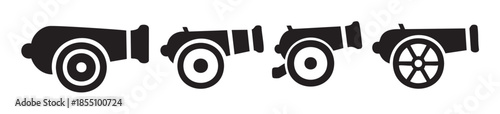 Four black cannon icons representing historical artillery weapons used in warfare and military history, depicted as simple vector illustrations.