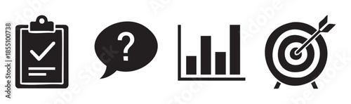 Business strategy icons representing planning, questions, data analysis, and achieving goals for successful project management and decision-making processes.