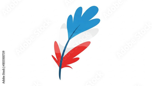 Vibrant red, white, and blue feather graphic with stylized quill and plumage, symbolizing freedom and creativity on a crisp white