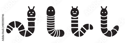 Collection of simple worm icons featuring various segmented insect larvae designs in a minimalist black and white graphic illustration.