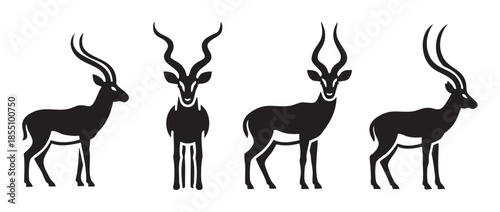 Four black antelope silhouettes with long spiraled horns are depicted in various elegant poses, symbolizing wildlife, speed, and grace.