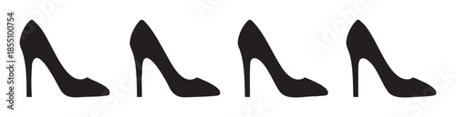 Four black high heeled shoes classic women's footwear vector illustration arranged in a sleek row, representing style, glamour, and sophistication.