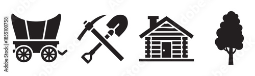 Pioneer wagon, mining tools, log cabin, tree vector symbols representing the American frontier, exploration, and historical westward expansion.