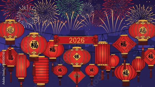 Vibrant red chinese lanterns with good fortune symbol and fireworks in dark blue night sky