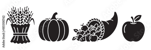 Harvest symbols icons set featuring wheat, pumpkin, cornucopia, and apple in a simple graphic silhouette style, perfect for autumn designs.