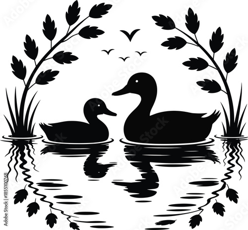 Serene Mother and Duckling Silhouette