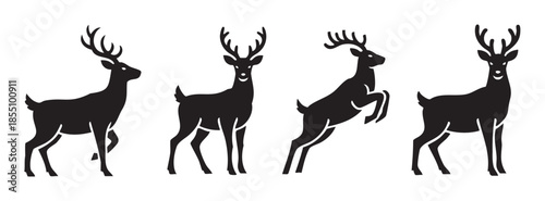 Four black deer silhouettes with antlers in various poses showcasing elegant wildlife illustrations suitable for festive and nature-themed designs.