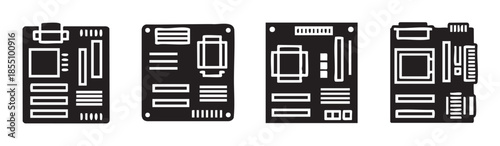 Circuit board illustrations depicting various electronic components and hardware for modern technology, computing, and digital designs, representing innovation and connectivity.
