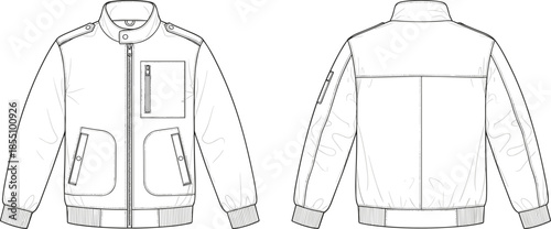 men bomber jacket technical flat sketch, front back view, zipper pocket detail apparel design, fashion vector illustration