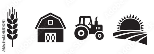 Agriculture and farming icons set featuring wheat, barn, tractor, and sun rising over fields, representing rural life and harvest.