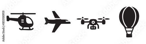 Air transportation vehicles icons set featuring various flying machines like helicopters, airplanes, drones, and hot air balloons, representing travel and technology.