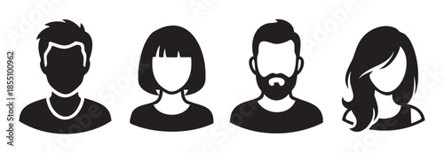 Four diverse user profile avatar icons representing different people showcasing various hairstyles and facial features in a simple, modern black and white graphic style.