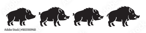 Four black wild boar silhouettes standing in a row, depicted in a simple, graphic, and iconic style, perfect for various design applications.