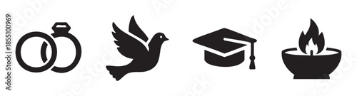 Four distinct symbolic icons representing important life events and spiritual concepts are displayed together in a clean, minimalist design.