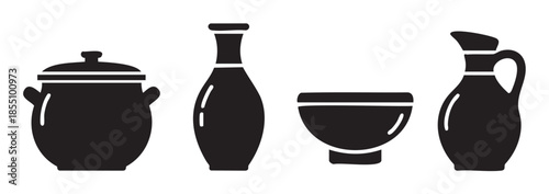 Pottery vessels, including a lidded pot, tall bottle, wide bowl, and pitcher, are depicted as simple black silhouettes in a clean, graphic style.