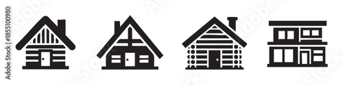 Four different house and cabin building icons representing various architectural styles and residential structures in a minimalist black and white vector design.