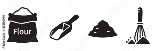 Flour, scoop, pile, and whisk icons present a collection of essential baking ingredients and tools used in cooking and pastry preparation.