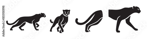 Four black panther silhouettes in various dynamic poses, representing speed, strength, and the wild nature of these majestic big cats.