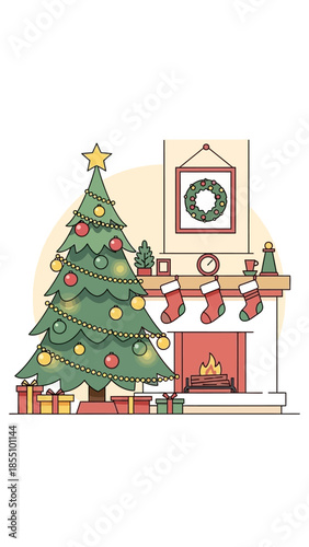 Cozy Christmas scene with decorated tree and fireplace