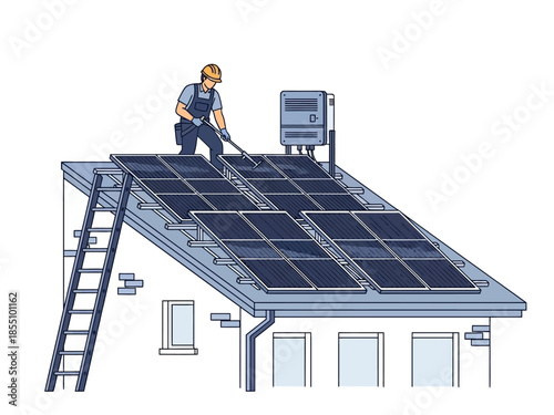 Professional Roofer Installing Solar Panels for Sustainable Energy on a Residential Building