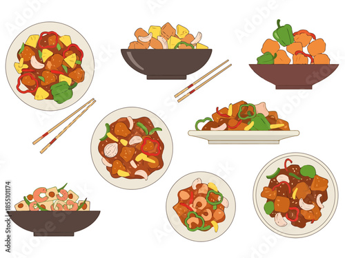 Assortment of Asian Stir Fried Dishes with Chopsticks Colorful Food Presentation