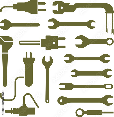 Minimalist black and white hand tools icon set with wrenches, screwdrivers, pliers and electrical plug symbols