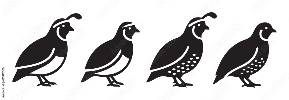 Fototapeta premium Four stylized quail birds standing in a row, showcasing different minimalist designs suitable for emblems, logos, or graphic elements.