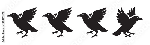 Four black crows in various stages of flight, showcasing their dynamic movement with outstretched wings and landing poses, rendered as simple graphic silhouettes.