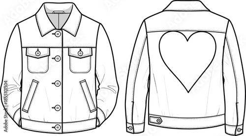 Men denim jacket technical fashion flat sketch, front and back view with heart graphic, apparel design illustration vector