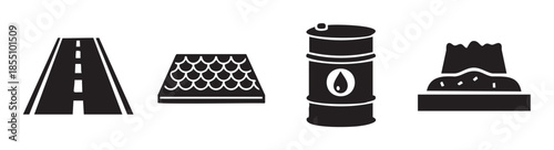 Asphalt related materials and construction elements are depicted in a simple, clean, and modern black and white icon set for various design projects.