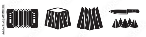 Accordion, knife, and abstract folded shapes depicted as simple graphic icons, perfect for use as design elements, symbols, or illustrations.