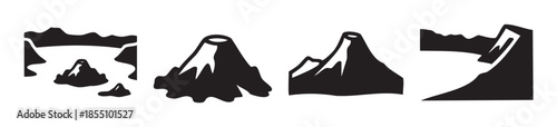 Stylized black mountain landscape illustrations depicting various natural formations like peaks, valleys, and volcanoes, presented in a minimalist graphic design.