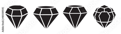 Diamond shapes vector illustration set featuring various faceted gemstone designs in a simple graphic style, perfect for luxury, jewelry, or wealth concepts.