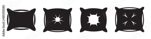 Four black pillows with various dynamic cutouts illustrating softness, comfort, and the concept of pressure or impact in a minimalist style.