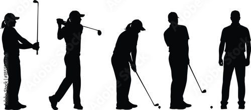Golfer silhouette collection showing swing putting standing poses isolated on white background for golf sport training tournament design concepts