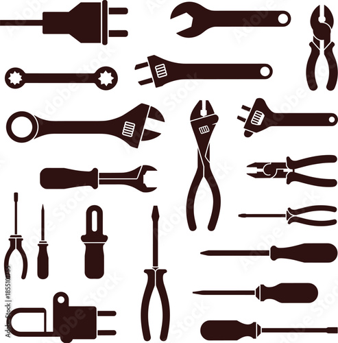 Minimalist black and white hand tools icon set with wrenches, screwdrivers, pliers and electrical plug symbols