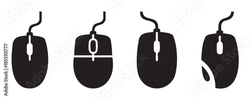 Computer mouse icons with various designs representing digital input devices for modern technology, computing, and user interfaces.