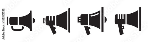 Four black megaphone icons are displayed in a row, representing various styles for communication, announcement, and public speaking concepts.