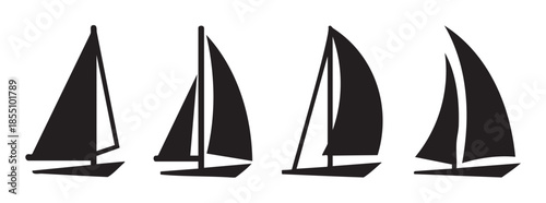 Four distinct sailboats icons in black silhouette style, representing maritime travel, adventure, and nautical themes, perfect for various design projects.