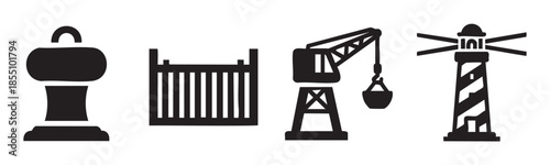 Maritime shipping port logistics icons set featuring a bollard, container, crane, and lighthouse, representing global trade and transportation infrastructure.