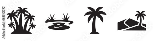 Collection of tropical desert oasis palm tree icons and pond silhouettes representing summer vacation, travel, and nature for graphic design projects.