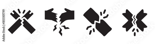 Breaking icons illustrating concepts of destruction and damage, representing fragility, failure, and the end of something in a clear, graphic vector style.