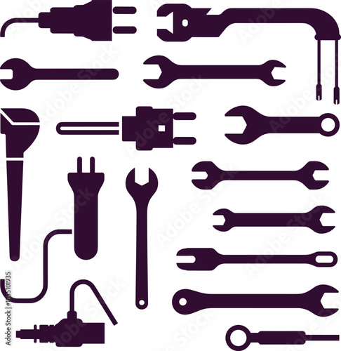 Minimalist black and white hand tools icon set with wrenches, screwdrivers, pliers and electrical plug symbols