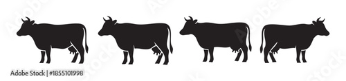 Four black cow silhouettes with udders standing in a row, depicting dairy farming, livestock, and agricultural themes, perfect for various design projects.