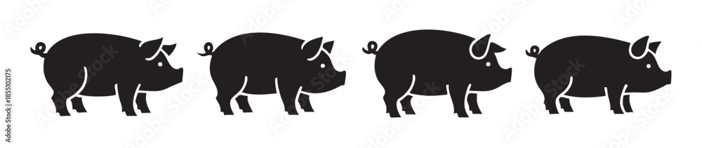 Fototapeta premium Four black pig silhouettes standing in a row, facing right, creating a simple and graphic animal illustration for various design projects.