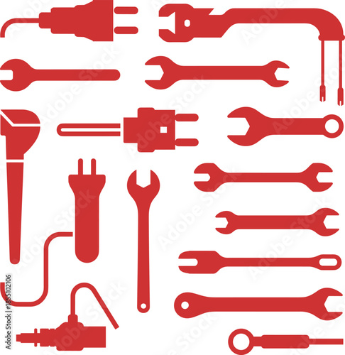 Minimalist black and white hand tools icon set with wrenches, screwdrivers, pliers and electrical plug symbols