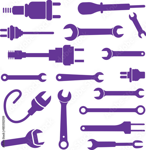 Minimalist black and white hand tools icon set with wrenches, screwdrivers, pliers and electrical plug symbols