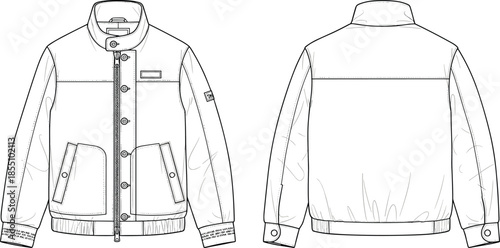 Men padded bomber jacket technical fashion flat sketch, front and back view winter outerwear apparel design illustration vector