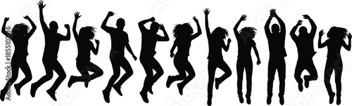 Group of happy people jumping silhouette collection showing celebration energy freedom joy isolated on white background for party festival lifestyle design concepts